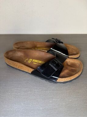 Birkenstock Madrid Birko Flor Sandals Black Patent Slide EU 39 Women’s 8